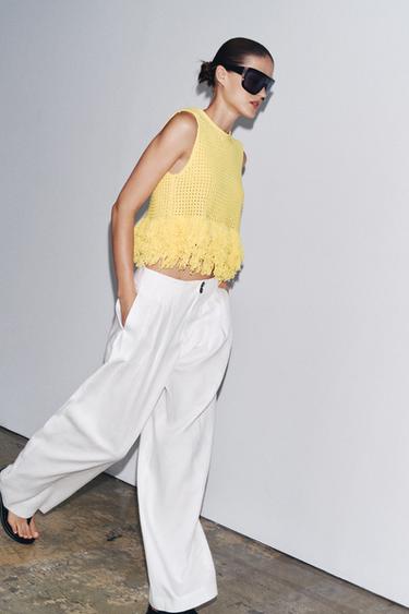 CHECK KNIT TOP WITH FRINGING - Yellow by Zara - Image 3