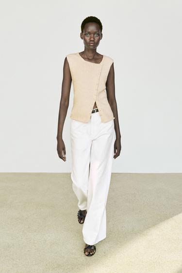 Zara Cotton blend knit top with button detail - Ecru - Image 0