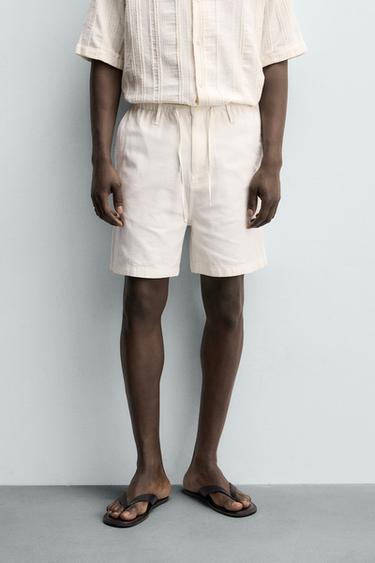 Zara REGULAR FIT COTTON BLEND SHORTS - Oyster-white