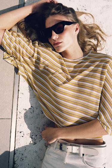 Zara RUSTIC STRIPED CAPE T-SHIRT - Light yellow