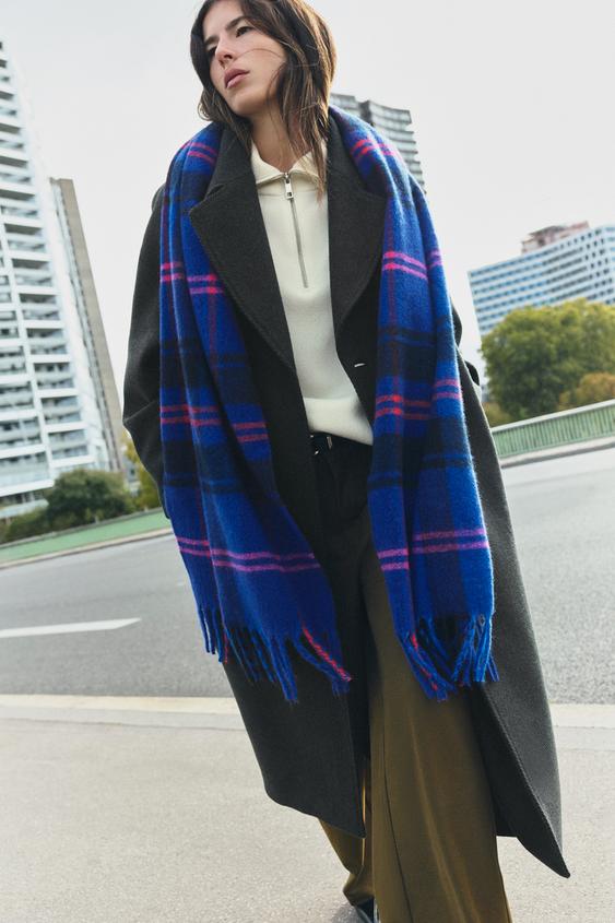 LENÇO ESTAMPADO AOS QUADRADOS COM FRANJAS - Azul da Zara - Imagem 0