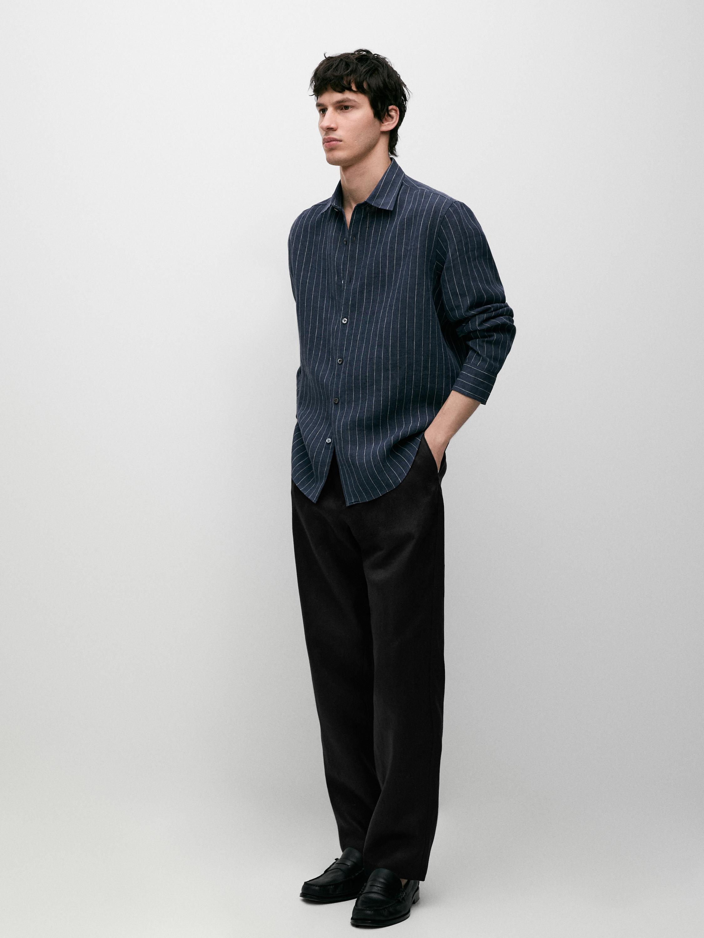 100% linen slim fit striped shirt