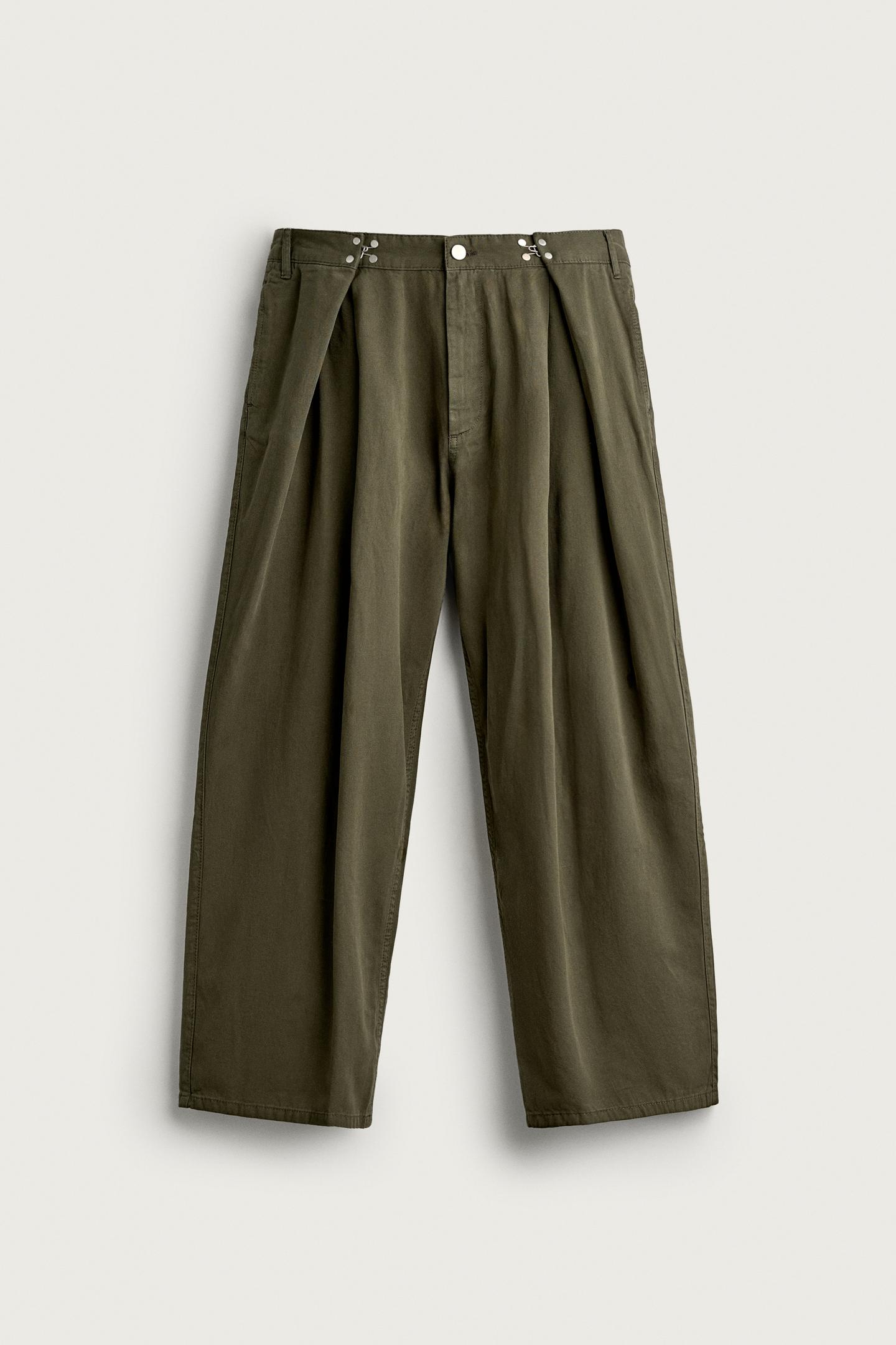 Мужские брюки Zara Pleated Pants with Metal Hook, цвет: Хаки — фото 7