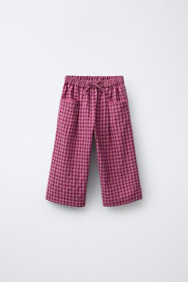 GINGHAM CHECK STRAIGHT LEG TROUSERS - قرمزي الخاص بـ Zara