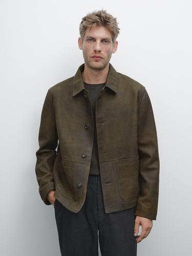Zara Distressed effect 100% sheepskin leather jacket - Green