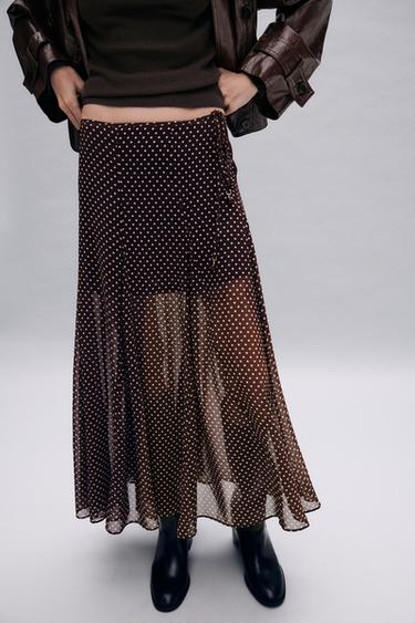 FALDA MIDI LUNARES - Marrón / Crudo de Zara