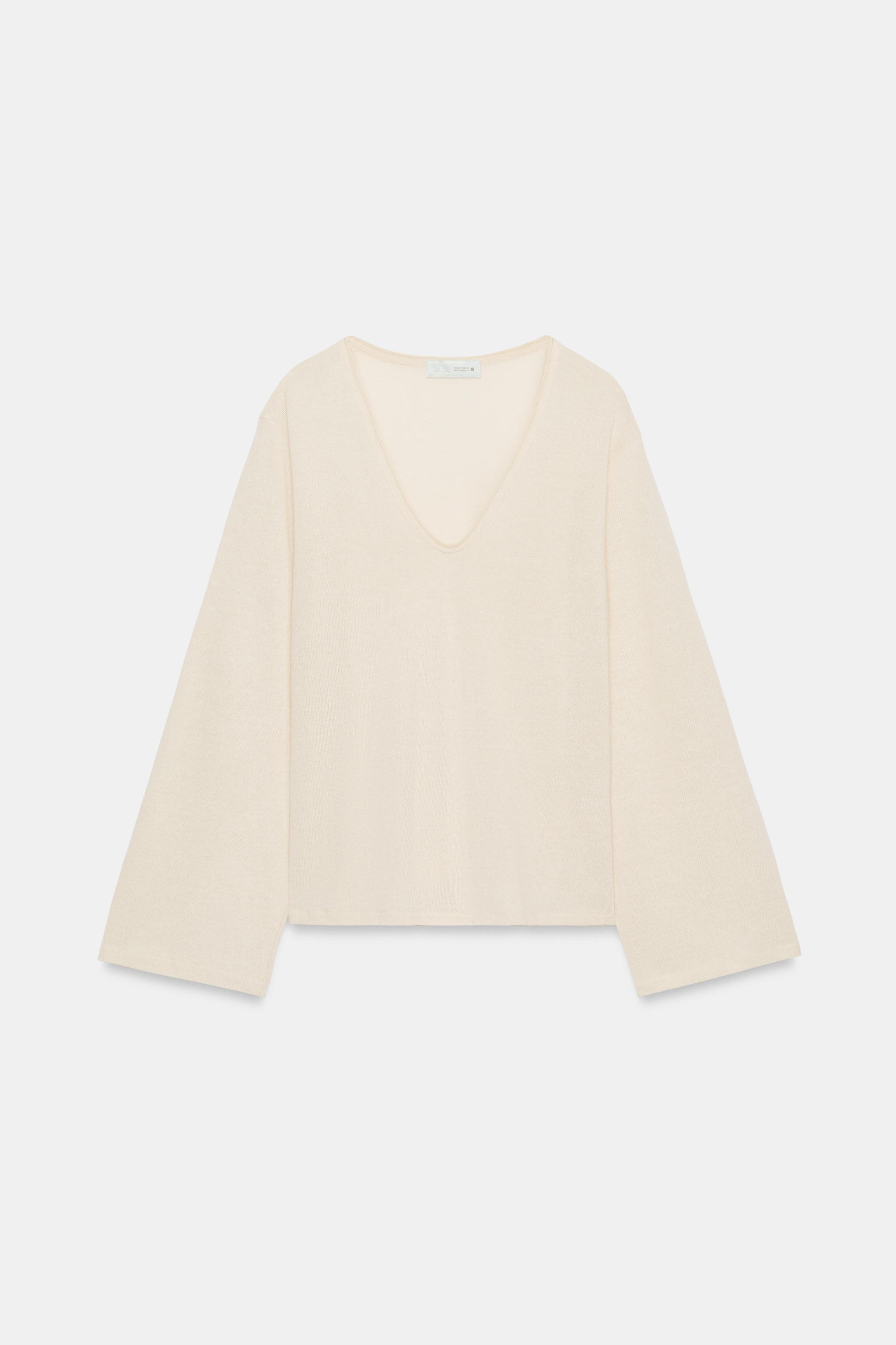 Женские футболки Zara TEXTURED V-NECK T-SHIRT — фото 5