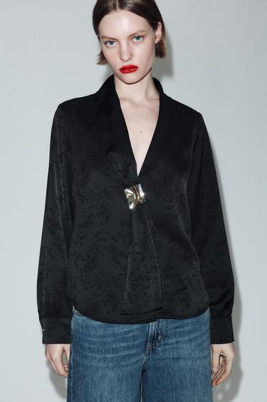 FLORAL JACQUARD SHIRT WITH BROOCH - Black by Zara