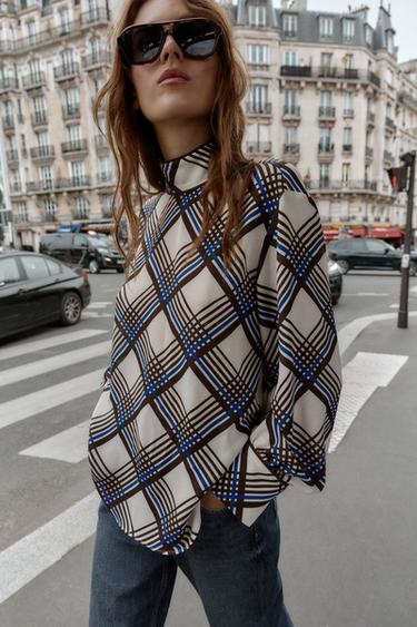 CAMISA AOS QUADRADOS DE GOLA ALTA - Multicolor da Zara