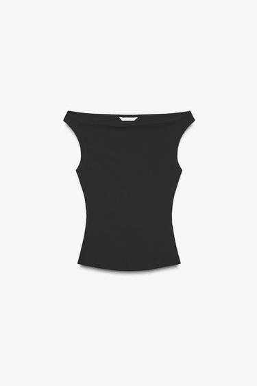 T-SHIRT À ÉPAULES DÉNUDÉES CÔTELÉ - Noir de Zara