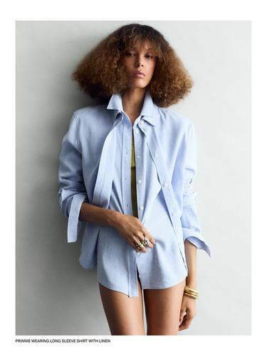 Camisa manga larga con lino - Celeste de Zara