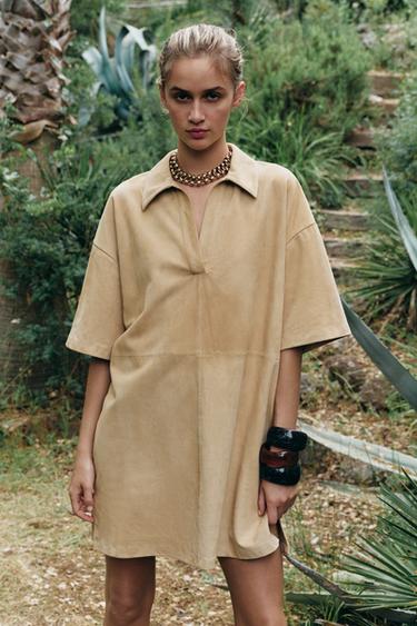 VESTIDO DE PELE DE CAMURÇA ZW COLLECTION LIMITED EDITION - Bege da Zara