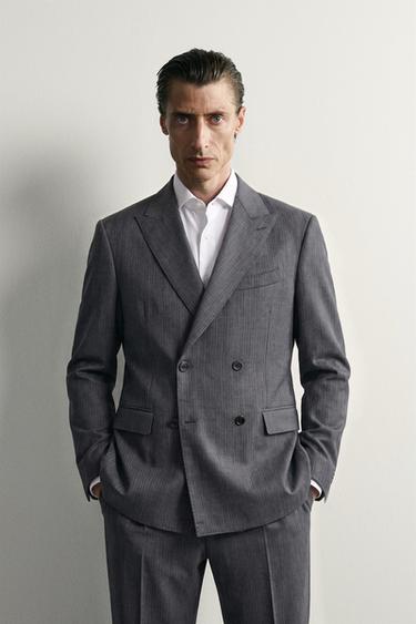 100% WOOL STRIPED SUIT BLAZER - Grey / Blue by Zara