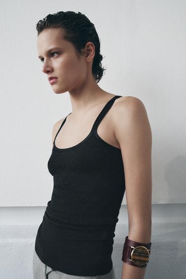 Zara RIBBED TANK TOP - Charcoal gray
