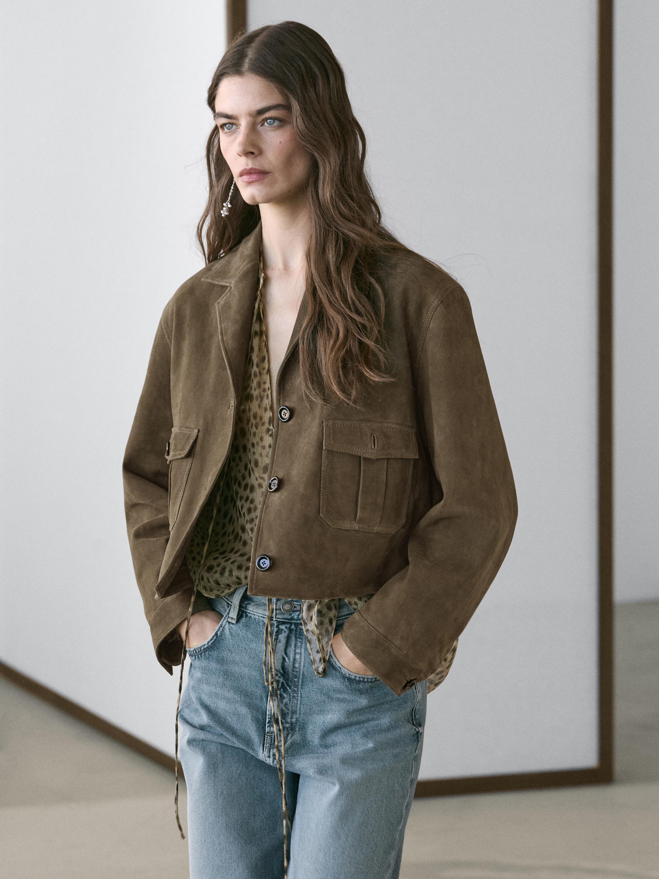 Veste courte en cuir effet daim
