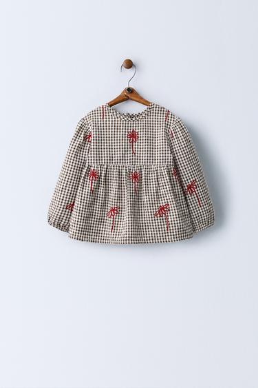 GINGHAM BLOUSE WITH FLORAL EMBROIDERY - Chocolate by Zara