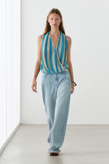 Zara Striped linen blend surplice top - Turquoise