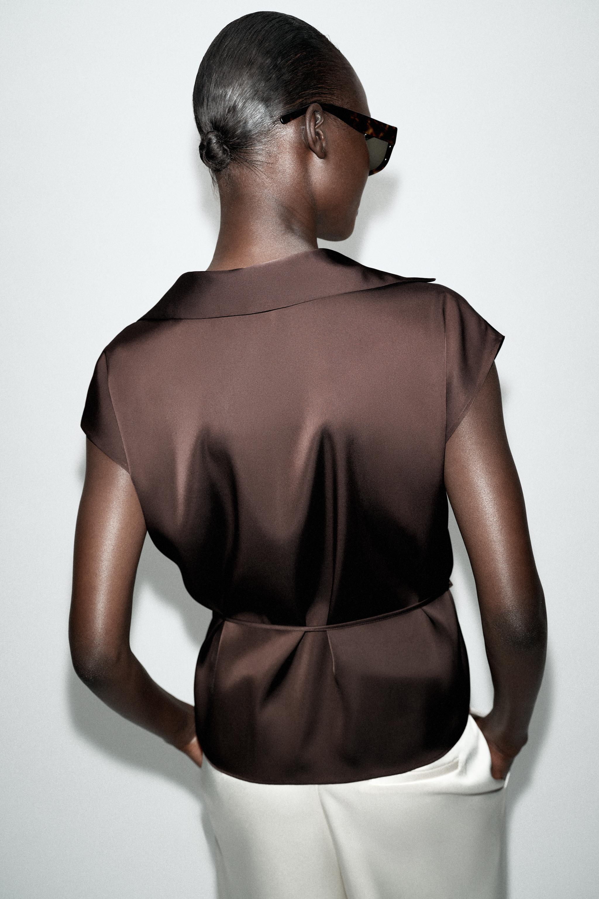 Женские рубашки Zara BELTED SATIN EFFECT SLEEVELESS SHIRT — фото 5