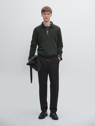 Zara Knit wool blend polo sweater with zip - Bottle green