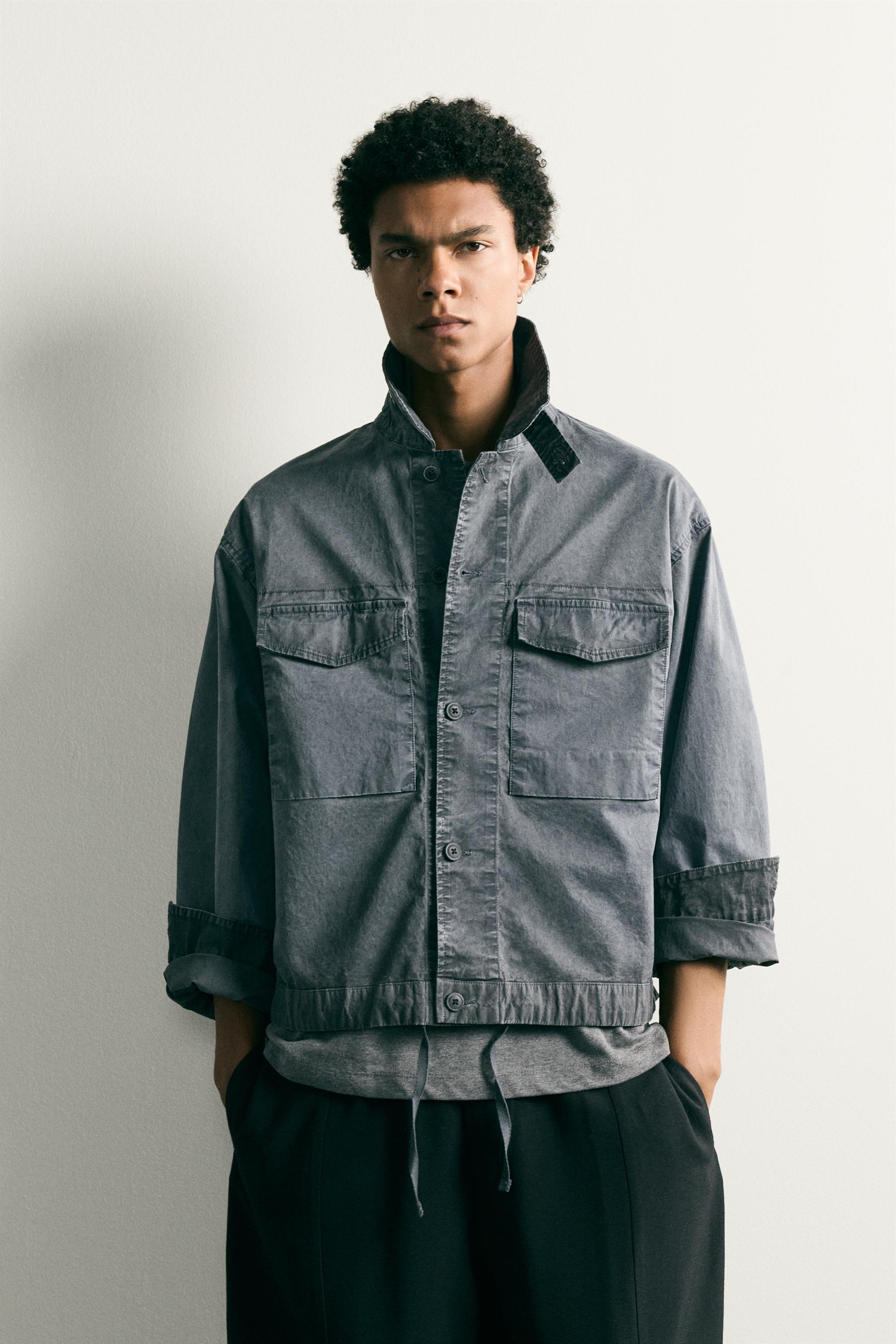 WASHED EFFECT CROPPED JACKET — Light indigo
