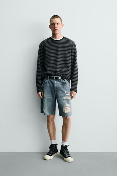 RELAXED FIT RIPPED DENIM BERMUDA SHORTS - Mid-blue by Zara - Image 0