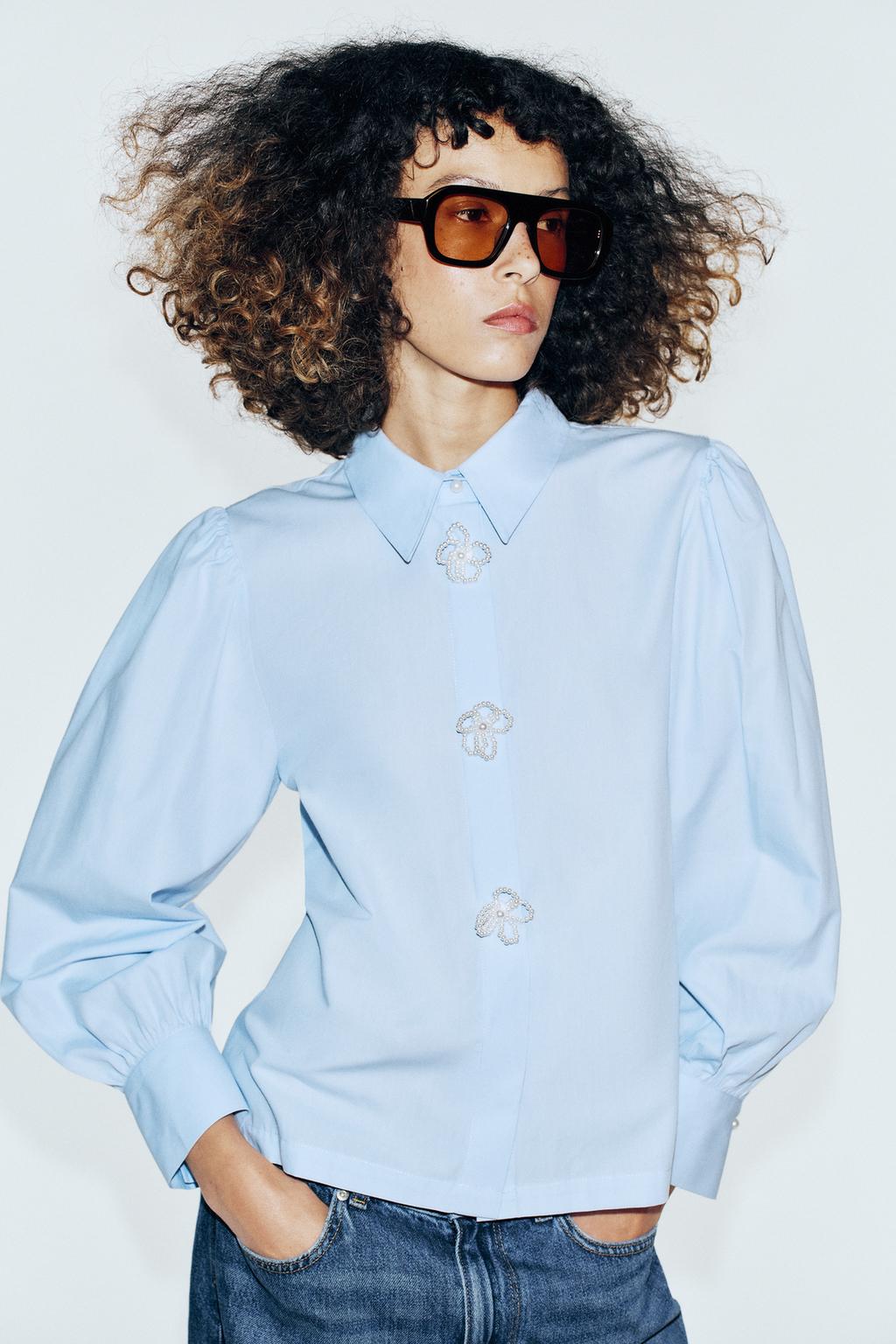 POPLIN SHIRT WITH FAUX PEARL FLOWERS