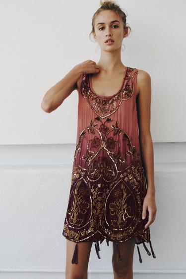 Zara LIMITED EDITION BEADED TIE-DYE PRINTED DRESS - Multicolored