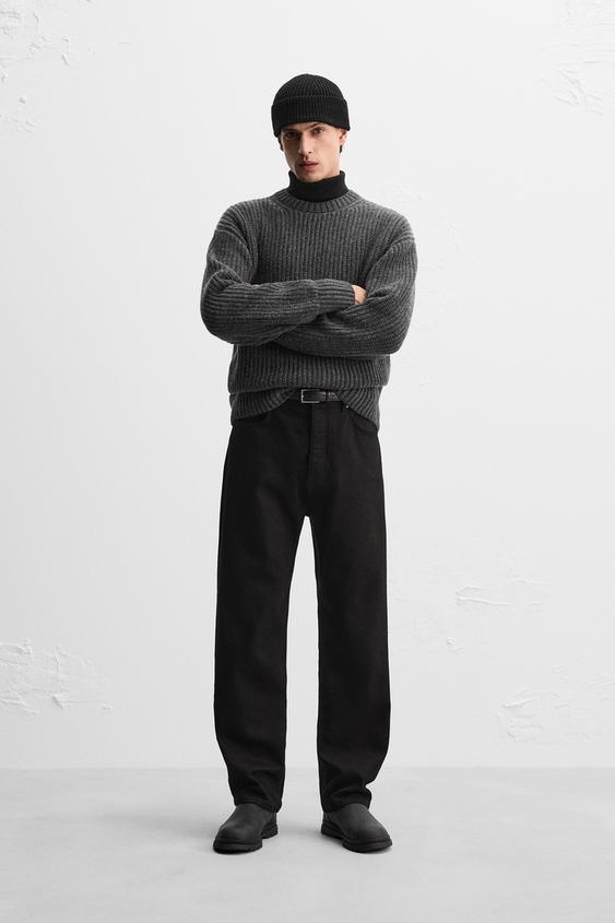 WOOL COTTON BLEND TEXTURED WEAVE SWEATER Anthracite Gray ZARA Canada