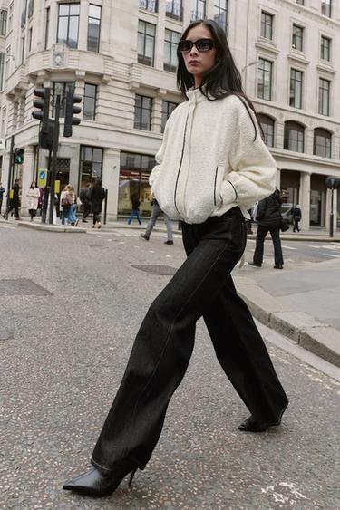 Zara CONTRAST PIPING TEXTURED BOMBER JACKET - Ecru