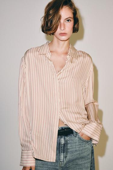 ZW COLLECTION STRIPED SILK SHIRT - Ecru / Red by Zara