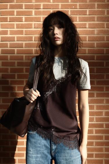 레이스 란제리 탑 ZW 컬렉션 - Zara 브라운