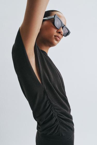 Zara DRAPED KNIT TOP - Dark navy