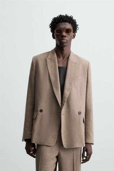 STRIPED TEXTURED SUIT BLAZER - mink brown by Zara