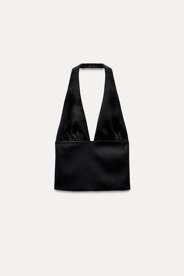 SATIN HALTER TIE TOP - Black by Zara