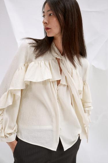 RUFFLED BLOUSE WITH BOW - Ecru by Zara