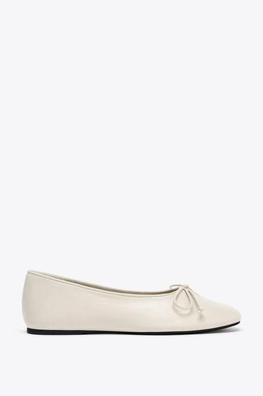 SOFT LEATHER BALLERINA SHOES WITH BOW - Ecru White by Zara