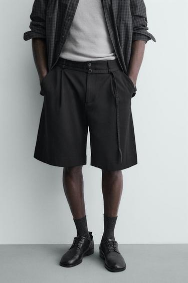 RELAXED FIT BERMUDA SHORTS WITH PLEATS AND BELT - Black by Zara - Image 1