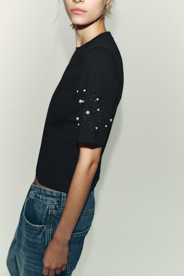 EMBROIDERED BEADED T-SHIRT - Black by Zara - Image 3