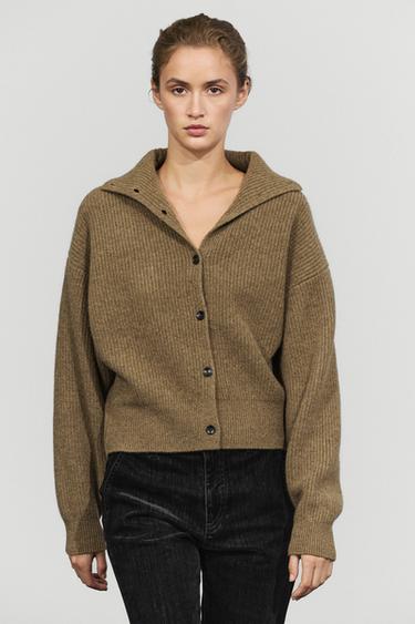 100% wool purl funnel neck cardigan — Oil 2