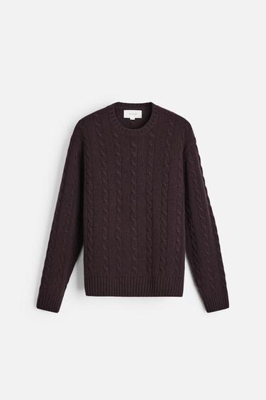 WOOL CABLE-KNIT SWEATER - Dark brown by Zara