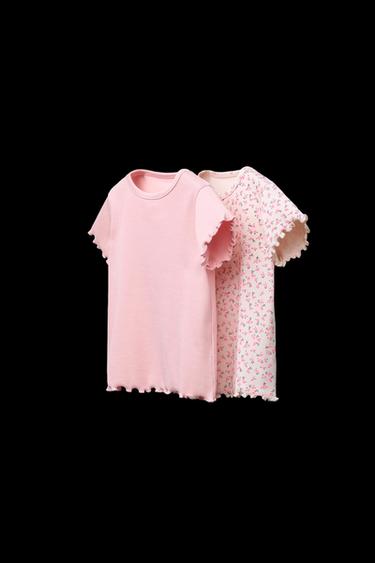 Zara TWO-PACK OF RIBBED FLORAL T-SHIRTS - Pink - Image 0