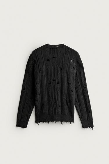LADDERED CABLE KNIT SWEATER — Black 2