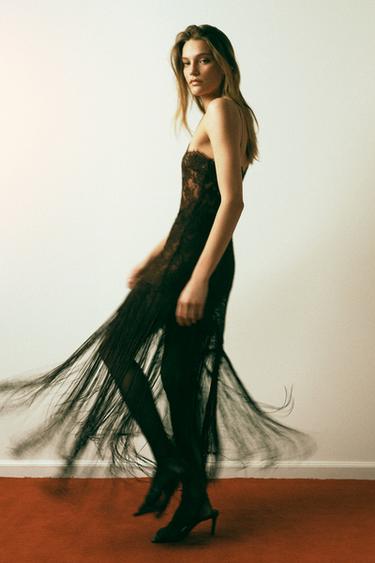 LACE AND FRINGED STRAPPY DRESS - Brown by Zara