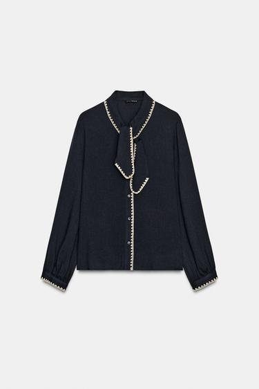 Zara CONTRAST TOPSTITCHING TIE BLOUSE - Blue