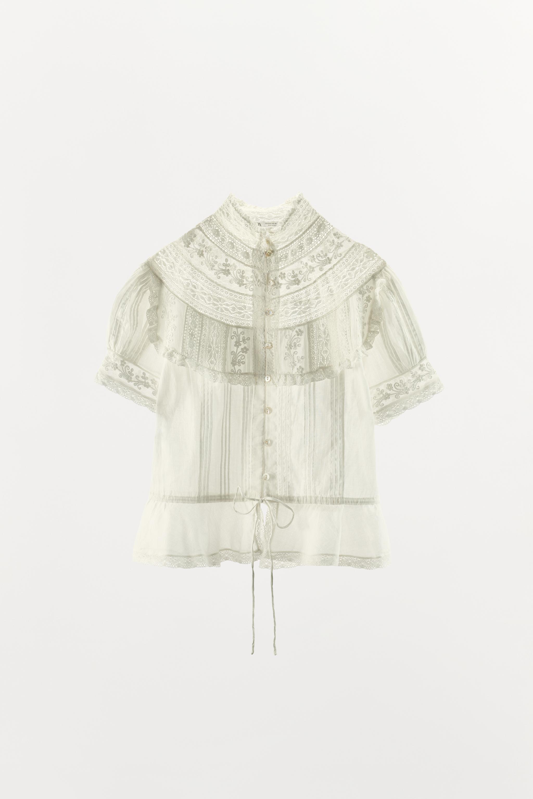 EMBROIDERED LACE PLEATED BLOUSE - Oyster-white | ZARA United States