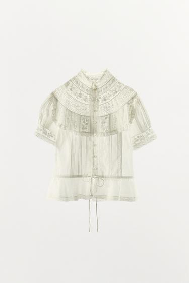 Zara EMBROIDERED LACE PLEATED BLOUSE - Oyster-white