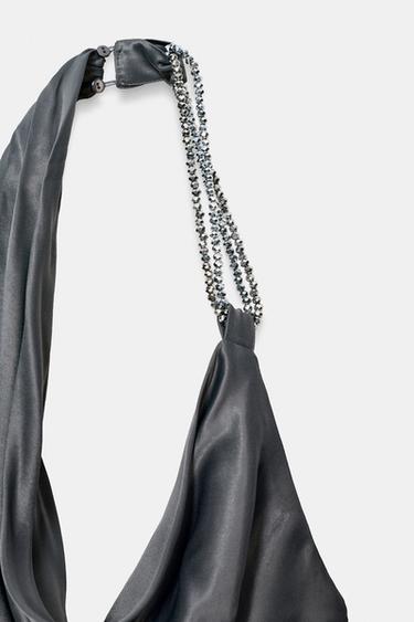 Zara ASYMMETRICAL BEADED SATIN MIDI DRESS - Anthracite grey