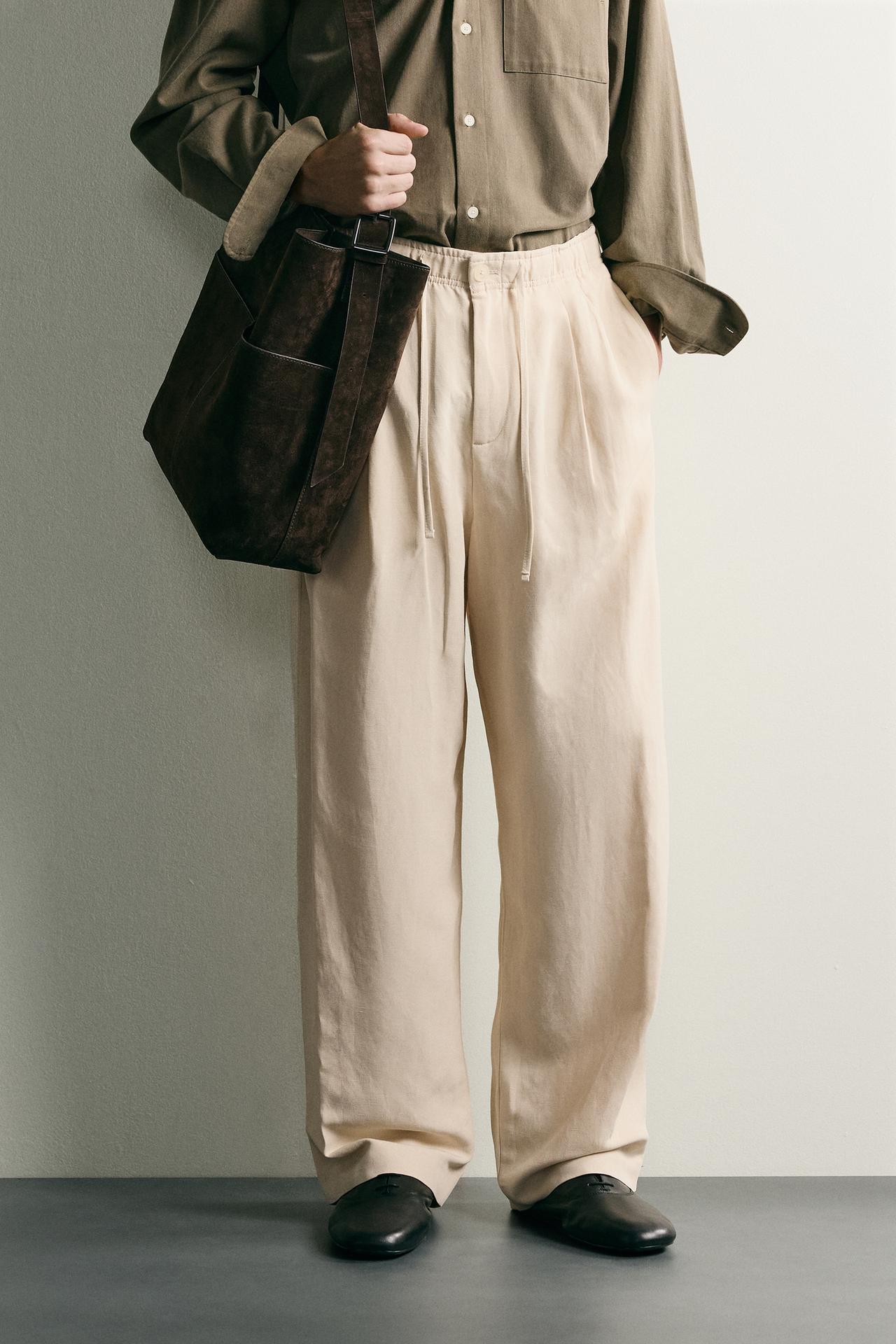 VISCOSE LINEN BLEND RELAXED FIT PANTS — Ecru