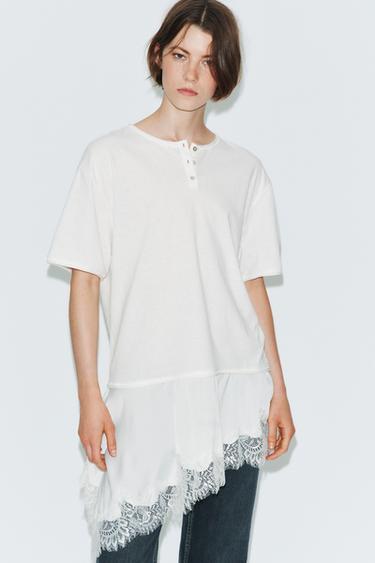 Zara COMBINATION LACE HENLEY T-SHIRT - Ecru