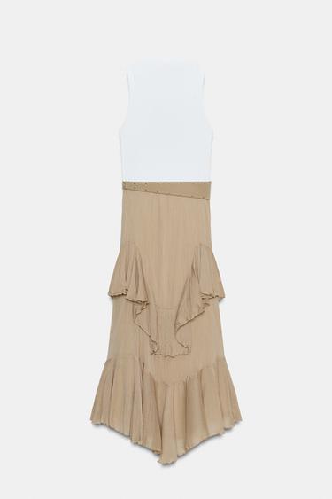 ROBE BIMATIÈRE AVEC CEINTURE ET VOLANTS - CAMEL/BLANC  de Zara - Image 2